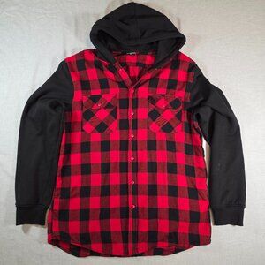 Urban Classics Button up w/ hood - Red + Black Plaid